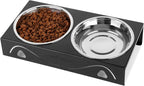 All-Metal Cat Food Bowl Raised, 5.5" WideTilted Whisker-Fatigue Pet Dish, Anti-Vomiting, 2 Stainless Steel Bowls for Food Water, Non-Slip Elevated Cat Feeding Stand for Indoor Multi Cats,Puppy, Black