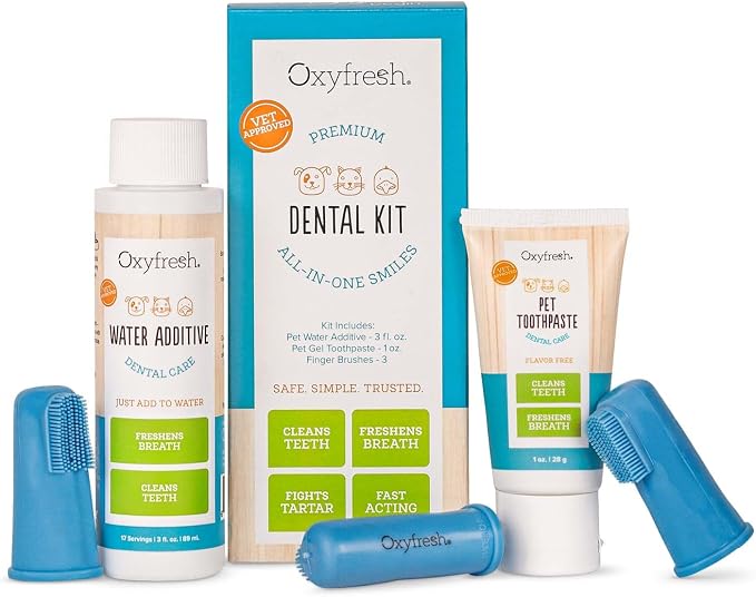 Oxyfresh Premium Pet Dental Kit for Dogs & Cats – Easiest Breath Freshener & Teeth Cleaning Solution for Fresh Breath, Clean Teeth, Plaque & Tartar Control – 1oz Toothpaste + 3oz Water Additive