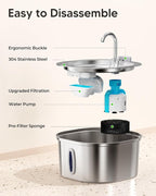 PEKTACO Stainless Steel Cat Water Fountain with 6 Filters, 3.2L/108oz | Cat drinking fountain, dishwasher safe, with triple filtration, quiet pump, and visible water window for cats and small pets