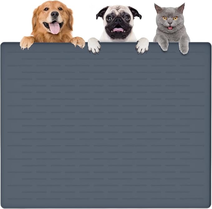 Largest Dog Food Mat, 39.5"x29.5" Silicone Dog and Cat Mat for Food and Water Bowls, Thinken Waterproof Non-Slip XXXL Pet Feeding Mat for Floors (Grayish Blue)