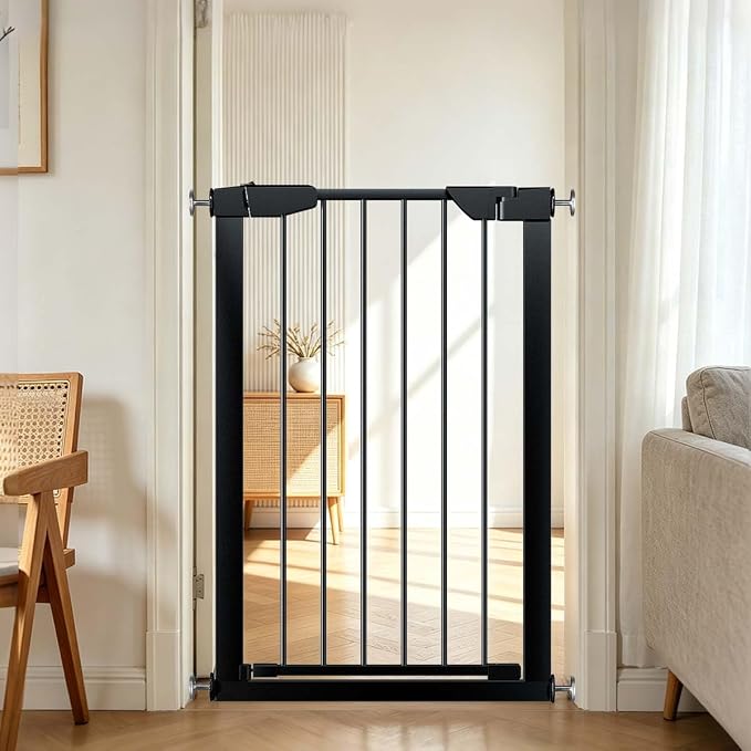 Fairy Baby 36" Tall Narrow Baby Gate 22.8"-25.5" Wide for Small Doorways | Narrow Pet Gate for Small Stairs, Auto-Close Pressure Mounted Metal Dog Gate, One-Hand Open Safety Child Gate No Drill, Black