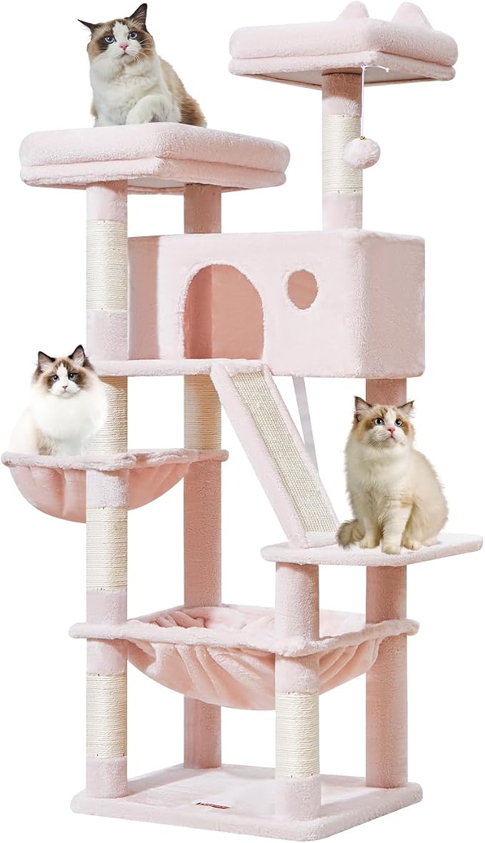Taoqimiao Sturdy Cat Tree, 58In Cat Tower for Indoor Cats Large Adult | Spacious Cat Condo, 2 Cute Perches, Metal Frame Cozy Hammock, 1 Scratch Board, 8 Natural Sisal Posts, Basket, Pink, MS026P