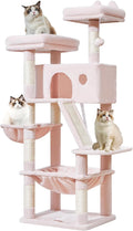 Taoqimiao Sturdy Cat Tree, 58In Cat Tower for Indoor Cats Large Adult | Spacious Cat Condo, 2 Cute Perches, Metal Frame Cozy Hammock, 1 Scratch Board, 8 Natural Sisal Posts, Basket, Pink, MS026P