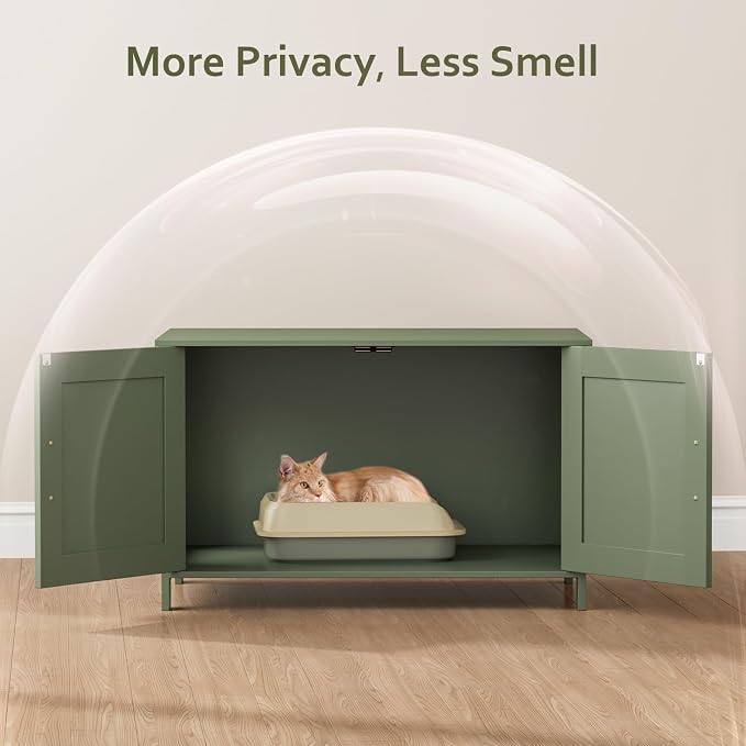 Homhedy 31.5" L Cat Litter Box Enclosure with Barn Door, Green | Wooden Cat Washroom Furniture, Cat House, Pet Storage Cabinet, Dog-Proof, Fit Most of Litter Box, Farmhouse Style
