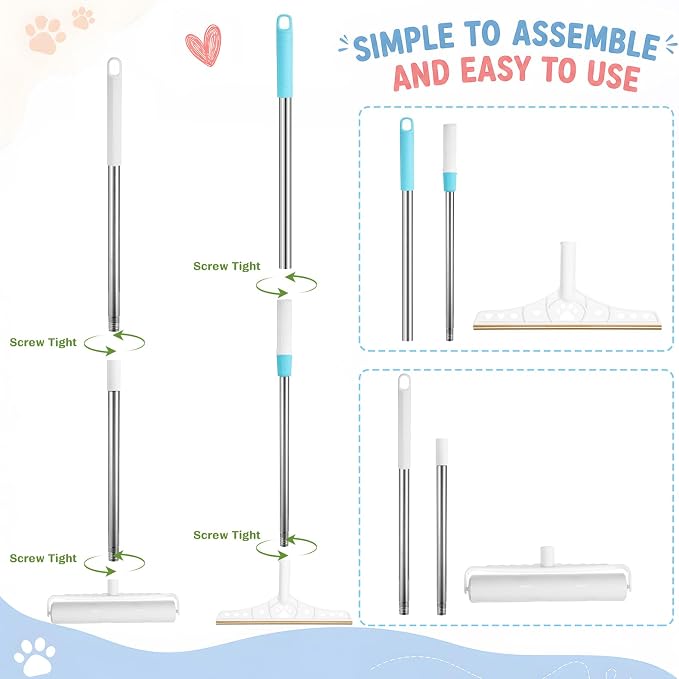 3 Pcs Pet Hair Removal Tool Adjustable Carpet rake & Lint Roller & Dustpan | 55'' Adjustable Long Handle Carpet Rake Large Lint Roller & Dustpan Pet Hair Remover for Rugs, Mats, Couch, Furniture
