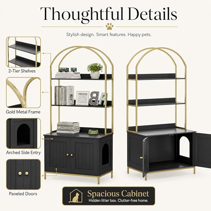 Homhedy Cat Litter Box Enclosure with 2-Tier Shelves, Black and Gold | Litter Box Furniture Hidden, Indoor Cat House, Wooden Cat Washroom Furniture with Metal Frame, Modern Style