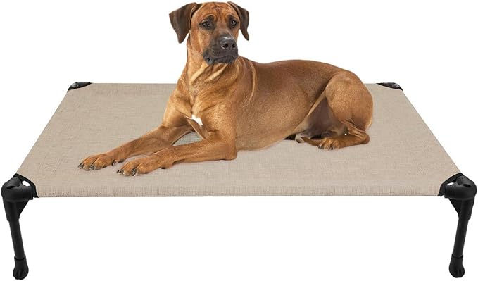 Veehoo Outdoor Elevated Dog Bed Large Sized Dogs, Cooling Raised Dog Cots | Off-ground training platform, portable camping hammock, breathable mesh, easy to clean, no-tool setup, 45"x33", Beige Coffee