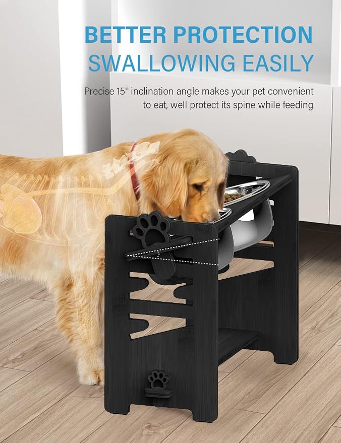 Vantic Elevated Dog Bowls, Raised Bowl Stand Adjustable Large/XLarge, Black | Bamboo Elevated Feeder with 2 Stainless Steel Bowls, Adjustable Height Stand for Large and Extra-Large Dogs