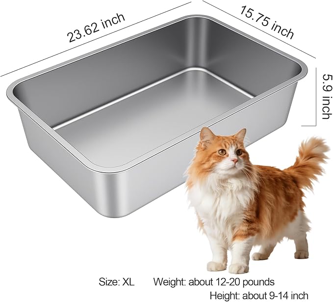 X-Large High Sided Stainless Steel Cat Litter Box | Sturdy Metal, Odor-free, Cat Litter Non-stick and Easy to clean, Perfect for Indoor Cats, Kittens and Multi-cat Households