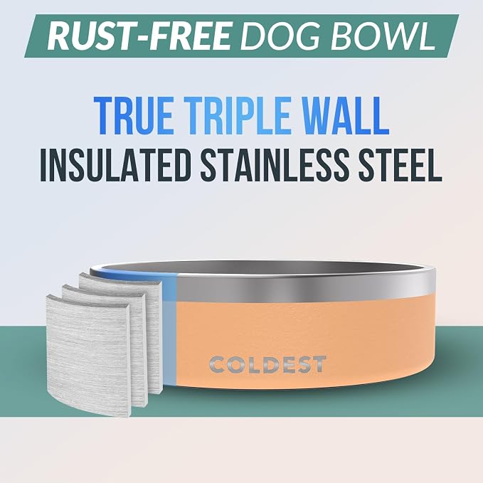 Coldest Dog Bowl - Anti Rust Metal, Non Slip, 3 Layers Insulated Stainless Steel Dog Bowls - Spill Proof & Heavy Duty - Water Bowl for Dogs, Cats & Pets, Dish Washer Safe (42 oz, Sahara Peach)