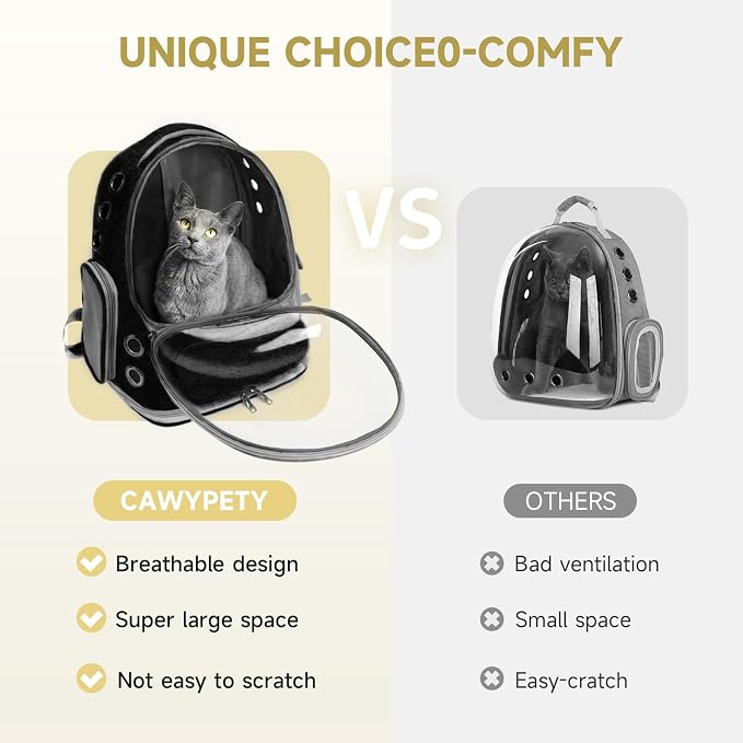 Cawypety Cat Backpack Carrier Large Space Bubble Backpack up to 12lbs Black | Breathable Mesh, Safety Leash, Sturdy, Transparent & Foldable Pet Carrier for Travel Hiking, Pet Backpack for Kitty Small Dog