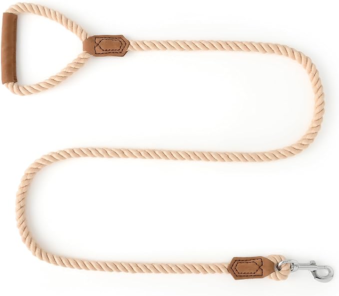 Mile High Life Dog Leash Braided Cotton Rope w/Leather-Wrapped Ends/Handle | Rust-proof 360° swivel clasp, Heavy-duty for medium/large dogs. Great for weddings, daily walks (5 FT, 1/2", Light Brown)
