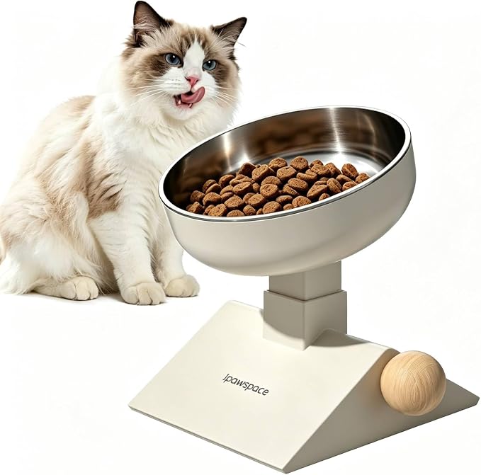 Raised Cat Bowl,Elevated Cat Bowl Stand with 3-Level Height,White | 5.6''/6.2''/6.8'' Height Elevated,0-17.5° tilt Neck-Friendly,25 OZ Large Capacity,304 Stainless Steel,Cats and Puppy