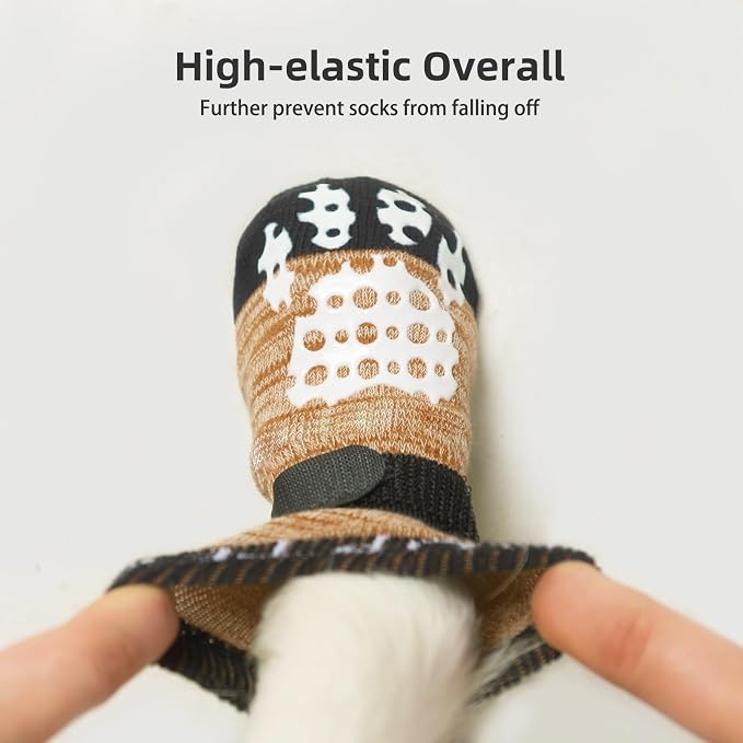PUPTECK Anti-Slip Dog Socks with Double Sides Grips for Small Medium Large Dogs Hardwood Floors Prevents Licking, Dog Shoes for Hot Pavement Traction Control Paw Protector for Senior Dogs, Khaki S