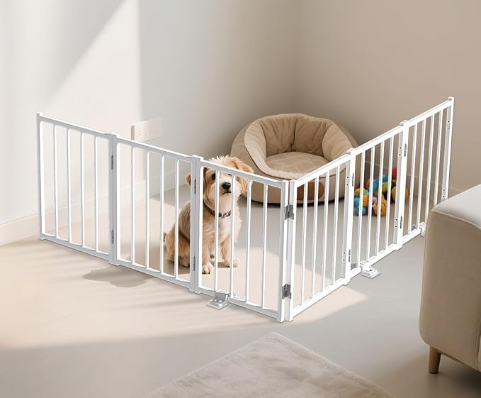 BFNN Small Dog Gate Indoor, Up to 72" W Freestanding Pet/Puppy Fence, White | Flexible Space Control | Chewproof Steel Frame | 16.5" Step-Over Gate | Foldable | Drill-Free Setup | For Stairs & Doorways