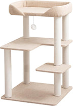 Cat Tree for Large Cats, Modern Senior Friendly Cat Tower with Wide Shelves, Cotton Scratching Posts, Super Sturdy Base, Cozy Perches, and Interactive Toys for Indoor Kittens, 37.4'' Ivory.