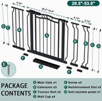 Fairy Baby 29.5"-53.1" Extra Wide Baby Gate for Doorways, No Drill Baby Gate for Stairs Hallway, Pressure Mounted Safety Child Gate Pet Barrier, Walk Thru Auto Close Metal Dog Gate Indoor, Black