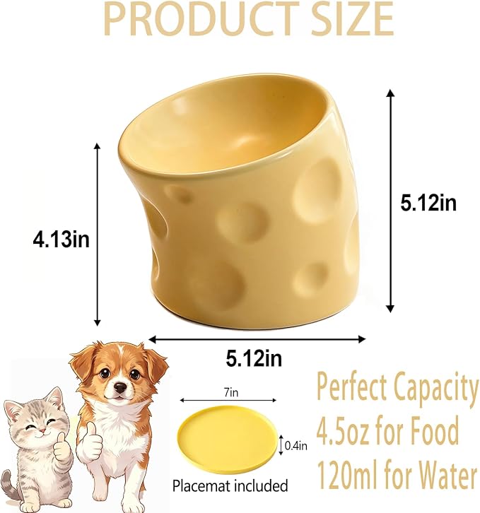 Ceramic Raised Cat Bowls, Elevated Cat Bowls with Food Mat | Anti-Vomiting & Spine Protection, Cheese-shaped, Whisker Friendly Pet Bowl, Dishwasher and Microwave Safe