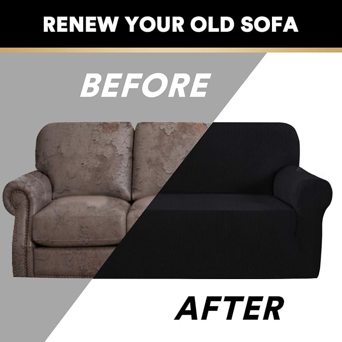 Stretch Loveseat Sofa Cover Slipcover Couch Cover for 2 Cushion Sofa Washable Sofa Cover for Pets Friendly Furniture Protector Covers with Non Slip Bottom(Loveseat, Black)