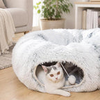 Warm Fluffy Plush Cat Dog Tunnel Bed Under Christmas Tree Big Tube Playground Toys 3 FT Diameter Longer Crinkle Collapsible 3 Way, for Indoor Cat Kitty Kitten Puppy Rabbit Ferret White
