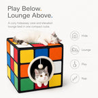 Cat Condo House with Reversible Cushions and Fluffy Ball Hanging, Foldable Magic Cube, Large Cave Bed for Indoor Cats, Unique Puzzle Shape 15.7“ x 15.7" x 13.4”