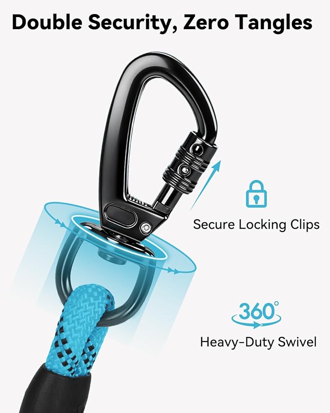 Joytale Long Dog Leash for Yard Tie Out & Recall Training, Blue, 15FT | Secure Locking Carabiner, Removable Padded Handle, Reflective Webbing for Night Safety, Ideal for Outdoor Play and Camping