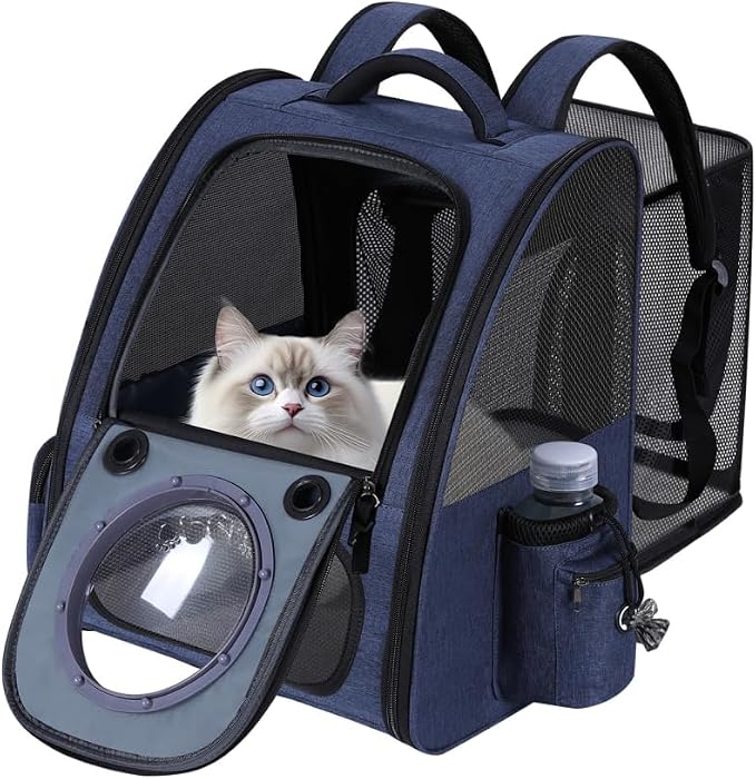 Bubble Cat Backpack Carrier, Expandable Cat Carrier Backpack,Breathable Pet Backpack for Medium Cat,Kitten and Small Puppy, Large Space,Portable Bags Foldable Dog Backpack for Traveling,Hiking (Blue)