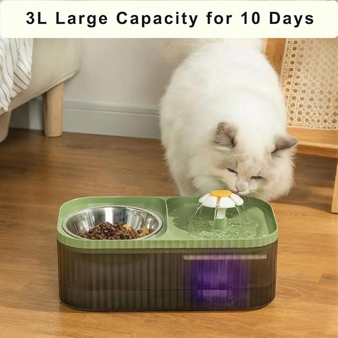 Marchul Cat Water Fountain and Stainless Steel Food Bowl, 100oz/3L Super Quiet Automatic Pet Water Dispenser with Smart Pump and 3 Replacement Filters for Cats and Small Dogs, Green