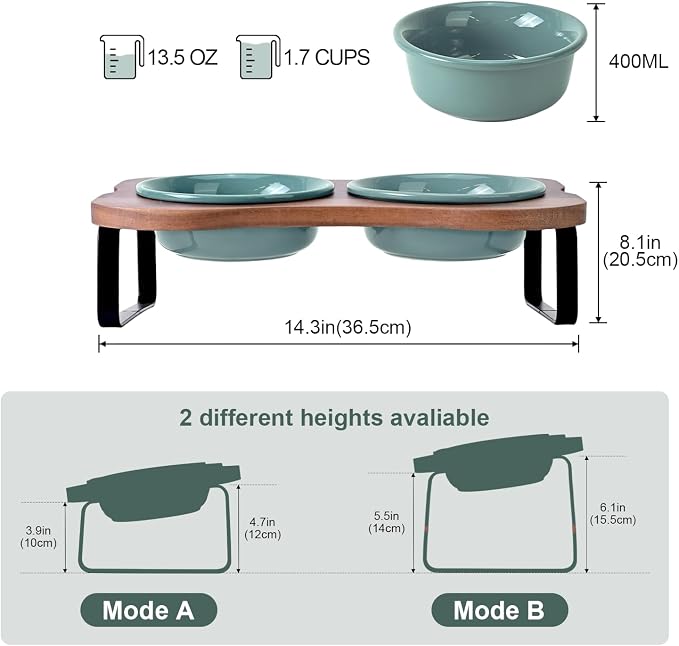 SPUNKYJUNKY Ceramic Elevated Tilted Dog Bowls Bone-Shaped Raised with 2 Height Iron Stand, 5.9'' Dog and Cat Food Water Bowls Set Non-Slip for Small Sized Breed - 13.5 OZ,Dark Green