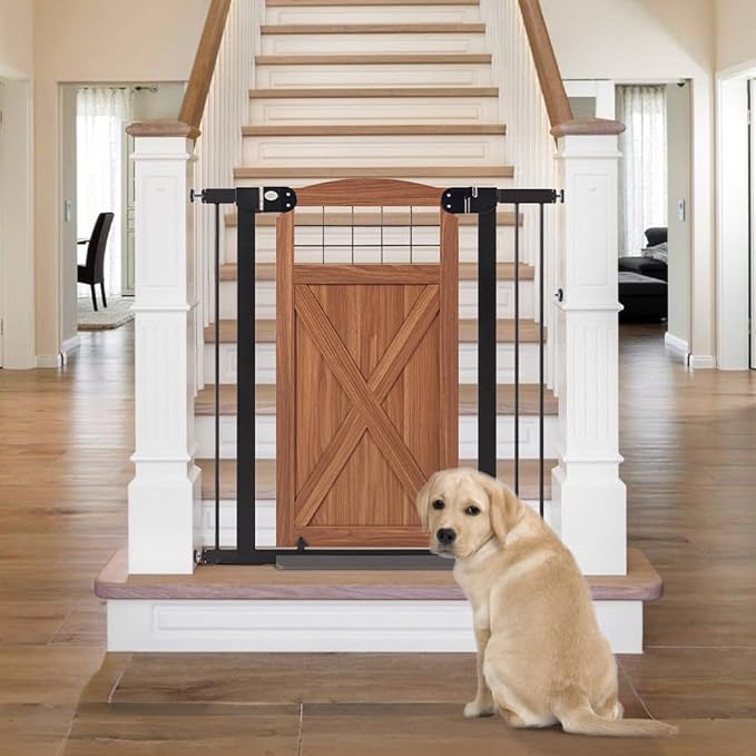 beeNbkks Farmhouse Barn Door Dog Gate, 39" Tall Anti-Trip Pet Barrier | No-Drill Pressure Mounted Pet Gate Fits 29"-40" Wide Openings, Featuring Wooden Walk-Through Door and Metal Frame