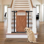 beeNbkks Farmhouse Barn Door Dog Gate, 39" Tall Anti-Trip Pet Barrier | No-Drill Pressure Mounted Pet Gate Fits 29"-40" Wide Openings, Featuring Wooden Walk-Through Door and Metal Frame