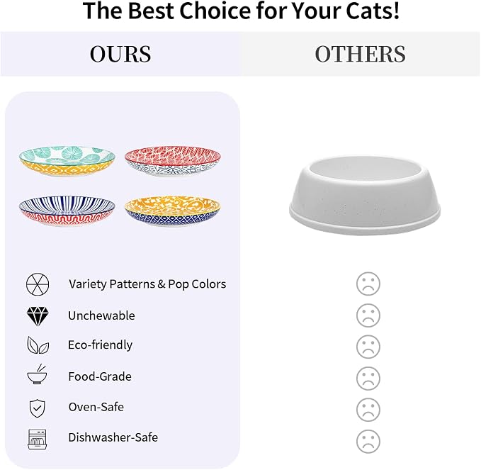 Selamica Ceramic Cat Bowls, 6 Inch Wide Shallow Cat Food Bowl for Relief Whisker Fatigue, Set of 4, Assorted Colors