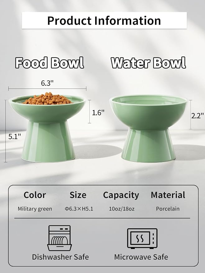 LoeJan Elevated Cat Food and Water Bowls Set, Extra Wide and Raised Ceramic Bowls, Anti-Vomit Whisker-Free Pressure Cat Feeder for Kittens to Adult Cats and Small Dogs
