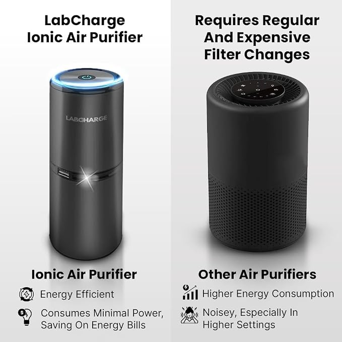 Lab Charge Small Ionic Air Purifier for Home & Bedroom – Silent HEPA Filter – Covers 250 Sq Ft - Free Cleaner – Compact & Black Design - Pack of 4