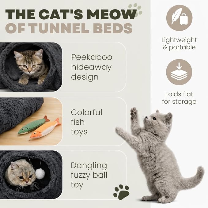 Cat Tunnel Bed with 2 Catnip Fish Toys (1000mg Natural Catnip) Interactive Cat Toys, Cat Tubewith Kitten Toys for Indoor Kittens, Collapsible Play Tunnel, Dark Grey