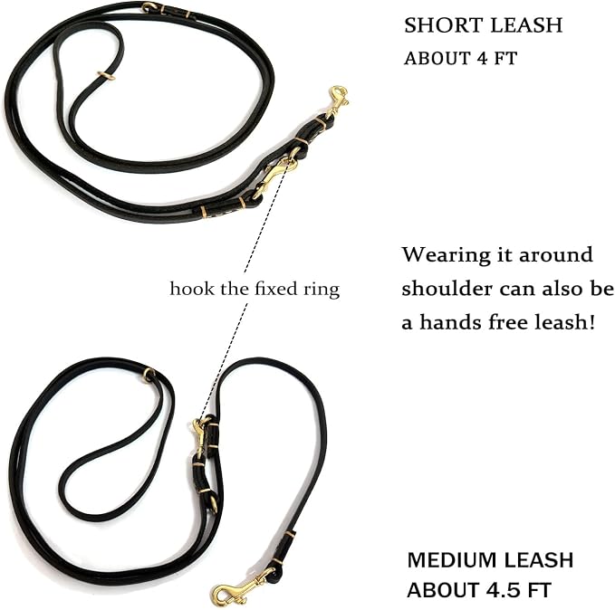 Multi Function 8ft Genuine Leather Hands Free Dog Training Leash for Puppy Small and Medium Dogs (8 Foot*3/8 inch, Black)