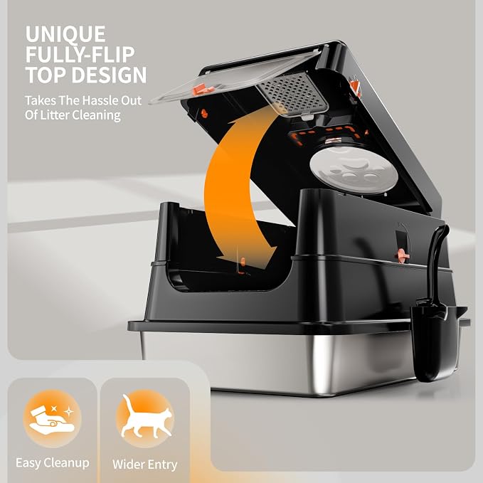 Stainless Steel Cat Litter Box with Lid, Enclosed Extra Large Metal | Litter Pan for Big Cats, Full Flip Cover High Sided Litter Box Include Scoop, Easy Cleaning, Non-Stick, Black