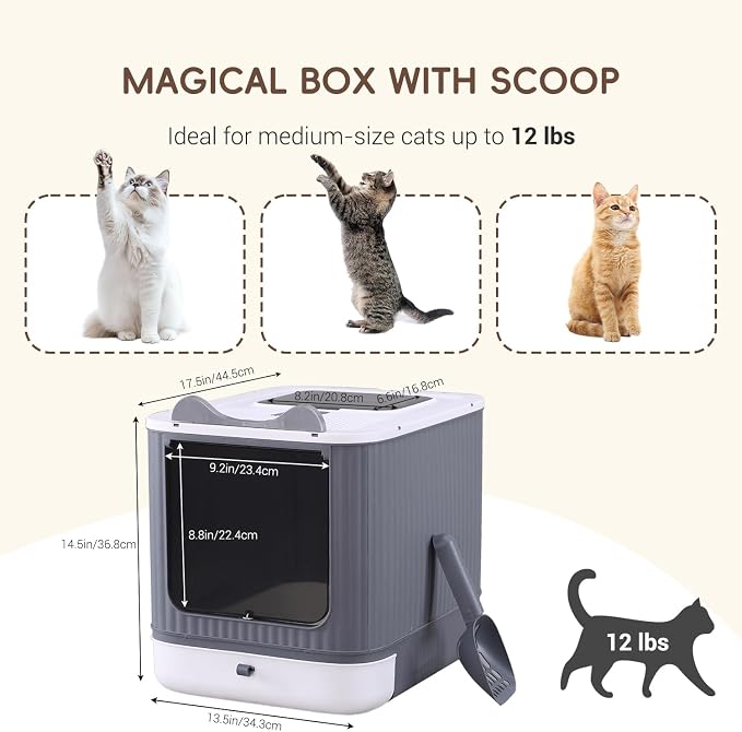 Covered Cat Litter Box with Lid for Kitten to Medium, Grey-White | LCZLBRRD, Covered Enclosure, Anti-Splashing, Easy to Clean and Assemble, 3 Modes For Kitten to Medium, Odor-Free