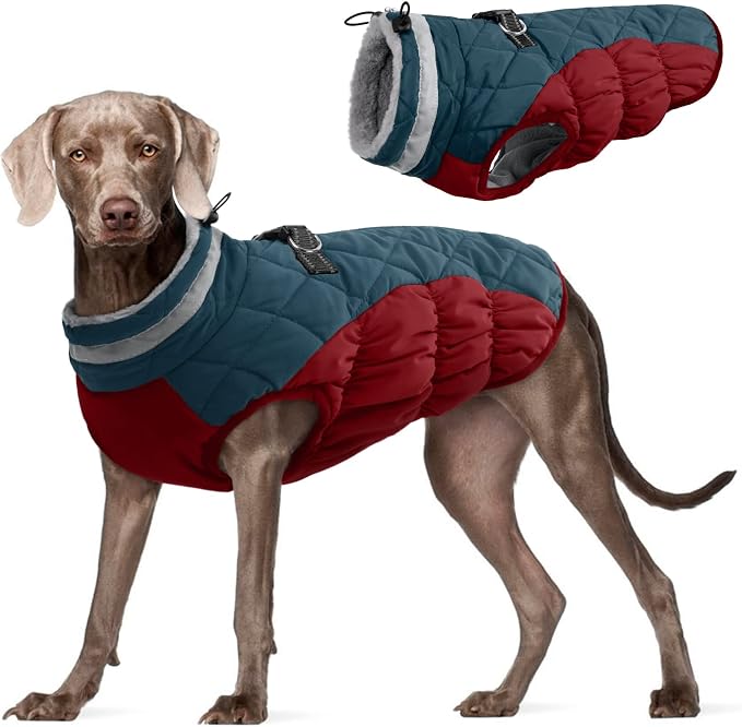FUAMEY Dog Coat for Large Dogs, Fleece Dog Winter Jacket with Harness | Puppy Cold Weather Coats Reflective Pet Puffer Vest with Zipper Water-Resistant Warm Dogs Snowsuit Windproof Dark Blue XXXL