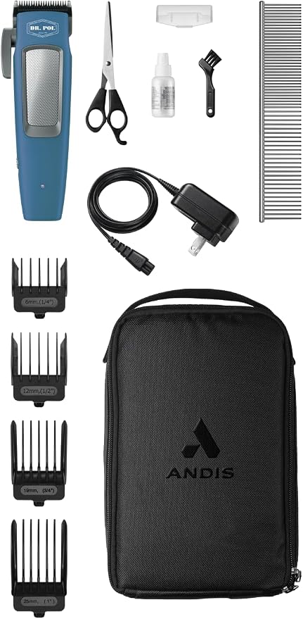Andis 561125 Dr. Pol Easy Clip Cordless II Clipper Kit, Titanium, Blue | Adjustable 0.8mm/1.6mm/2.4mm blade, lightweight cord/cordless dog grooming kit, 11-piece