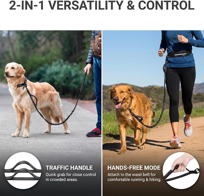 Hands Free Dog Leash with Waist Pouch, Reflective Bungee, Dogs Up to 100 lb | Adjustable 25-45 in belt, dual padded handles and lightweight pouch for walking, running, hiking and training dogs, black