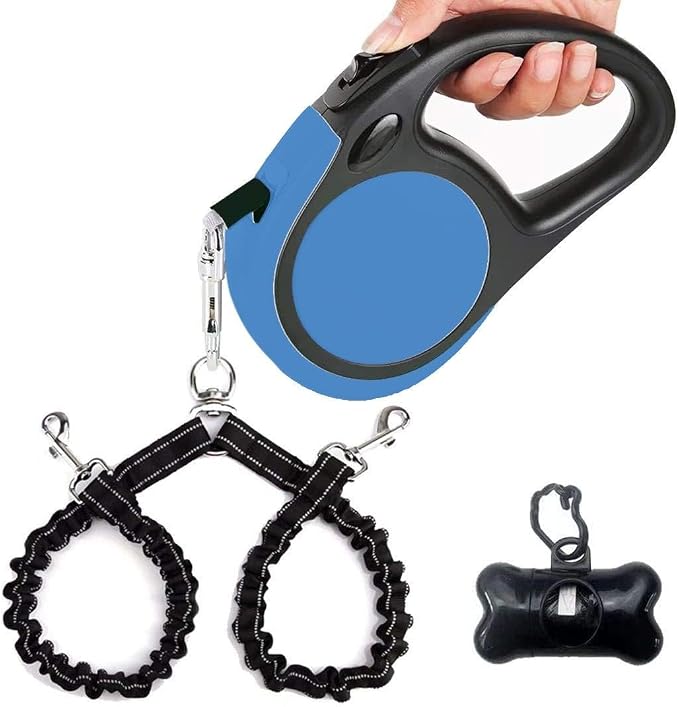 Dual Retractable Dog Leash for 2 Large Dogs (Up to 110 Lbs Each), 18.5 FT No Tangle Double Headed Pet Lead with Poop Bags, Non Slip Grip, One Button Break & Lock, Also for Single Use (Blue, Large)