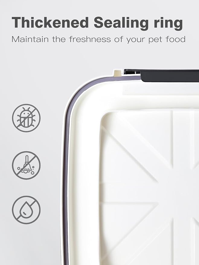 6 lb Airtight Dog Food Storage Container with Scoop, White | Airtight snap-lock lid, clear BPA-free body, and measuring cup keep dry dog or cat food, treats, cereal, and grain organized.