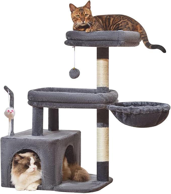 Taoqimiao 32.2in Cat Tree with Toy, Small Cat Tower for Indoor Cats, MS043G | Easy assembly, Sturdy, Multi Level, Easy Clean, Cozy Condo, Perches, Baskets, Suitable for Kittens and Adult Cats