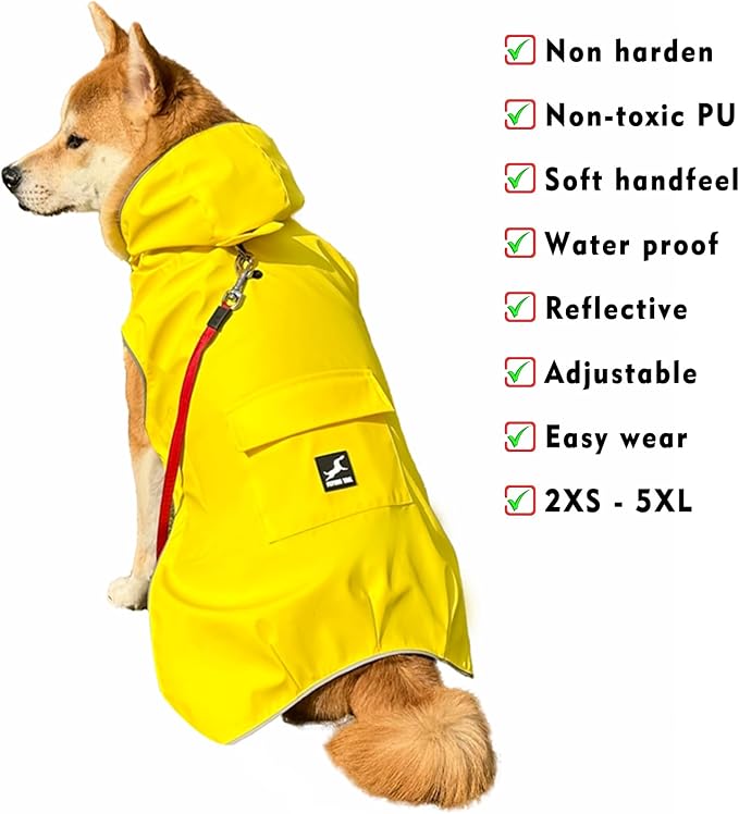 Dog Raincoat Waterproof Reflective Jacket – Lightweight Hooded Poncho with Adjustable Belly Strap & Leash Hole – Rain Slicker Coat for 2XSmall-5XLarge Dogs – Easy to Wear (Yellow XX-Large)