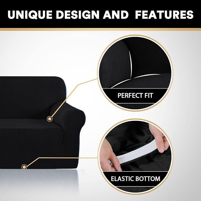 Stretch Sofa Cover Slipcover Couch Covers for 3 Cushion Couch Furniture Protector Sofa Covers with Non Slip Elastic Bottom Dogs Pet Friendly Fitted(Large Sofa 90"-100",Black)