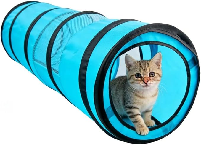 PAWISE Cat Tunnel for Indoor Cats, Collapsible Pet Tube with Peek Hole | Peek hole, tear-proof polyester, 10.5x34.5in, for cats rabbits, blue