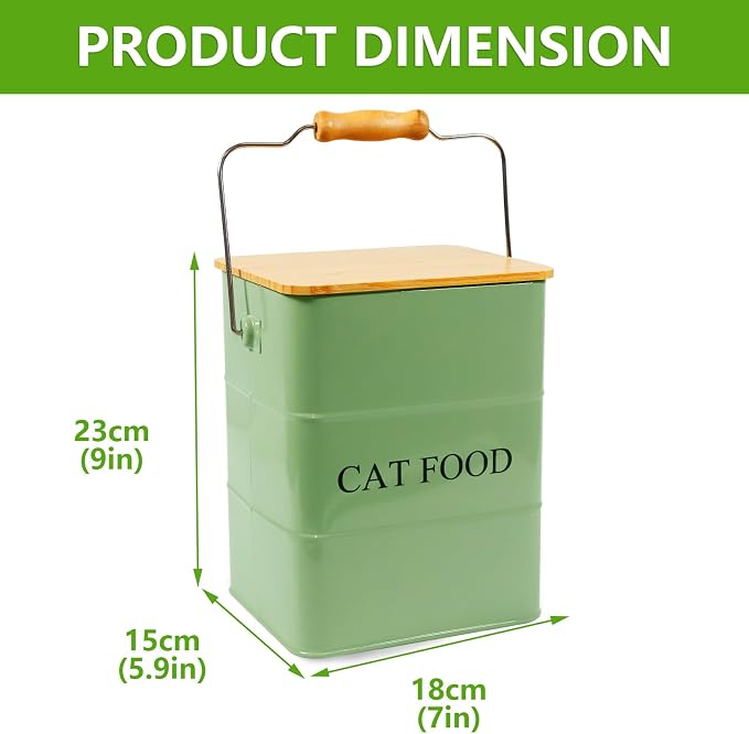 Morezi Cat food storage container storage bin with wooden lid scoop included green metal cat food container in kitchen countertop