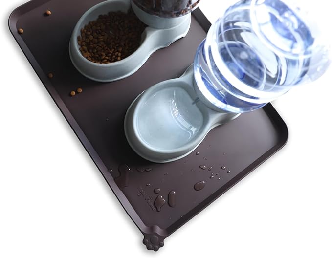 Hoki Found Large Silicone Pet Food Mat - Non Slip, Waterproof Dog Cat Bowl Mat - Dark Oak