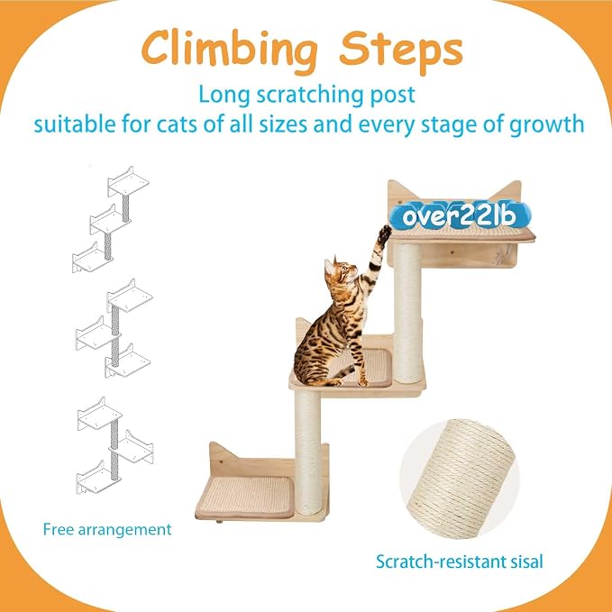 Cat Wall Shelves, 9-Piece Cat Wall Furniture with Sisal Mats | Solid pine cat shelves for wall with cat house, cat wall climber, cat wall ladder and floating shelves for large indoor cats